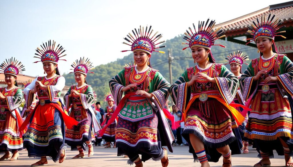 Indigenous Taiwanese cultural performance with traditional costumes