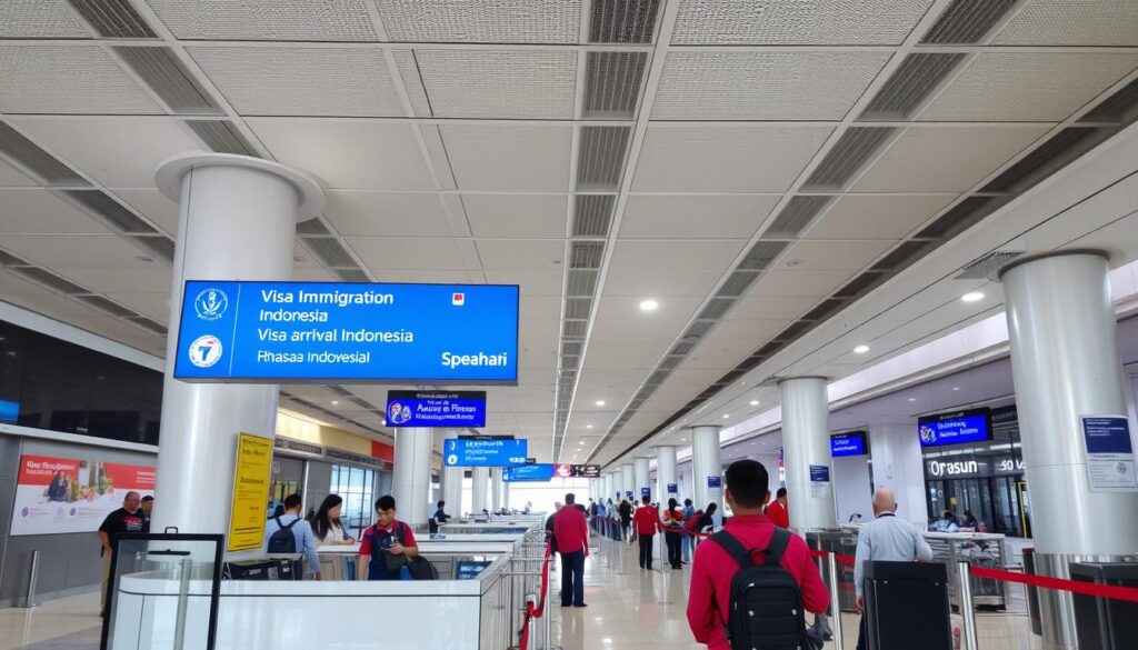 Indonesian passport control and visa information desk at an international airport - Indonesia travel guide