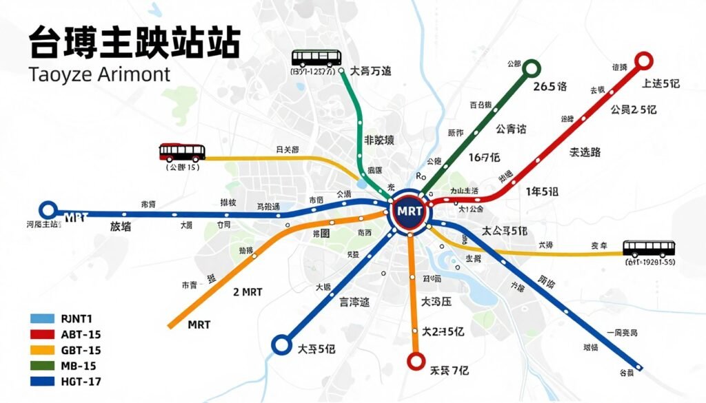Infographic map showing routes from Taoyuan Airport to Taipei