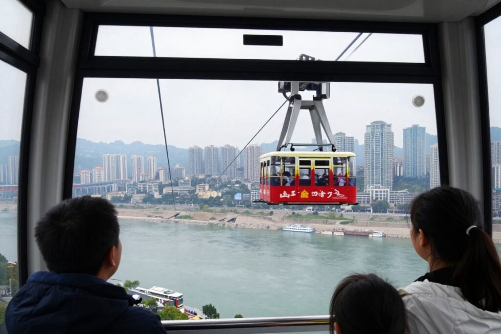 Inside Yangtze River cableway car with passengers and river views