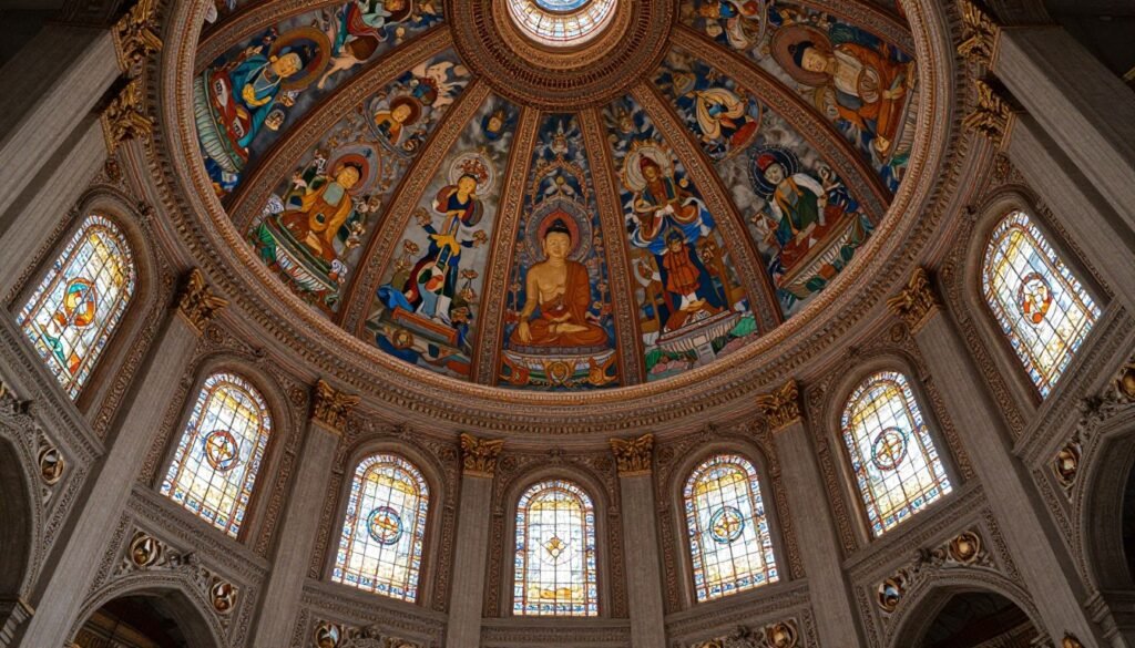 Interior ceiling of Erawan Museum showing intricate hand-painted Buddhist murals and stained glass