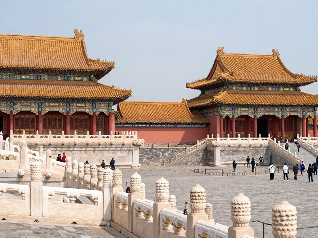 Interior courtyard of Forbidden City with traditional architecture and tourists Interior courtyard of Forbidden City with traditional architecture and tourists