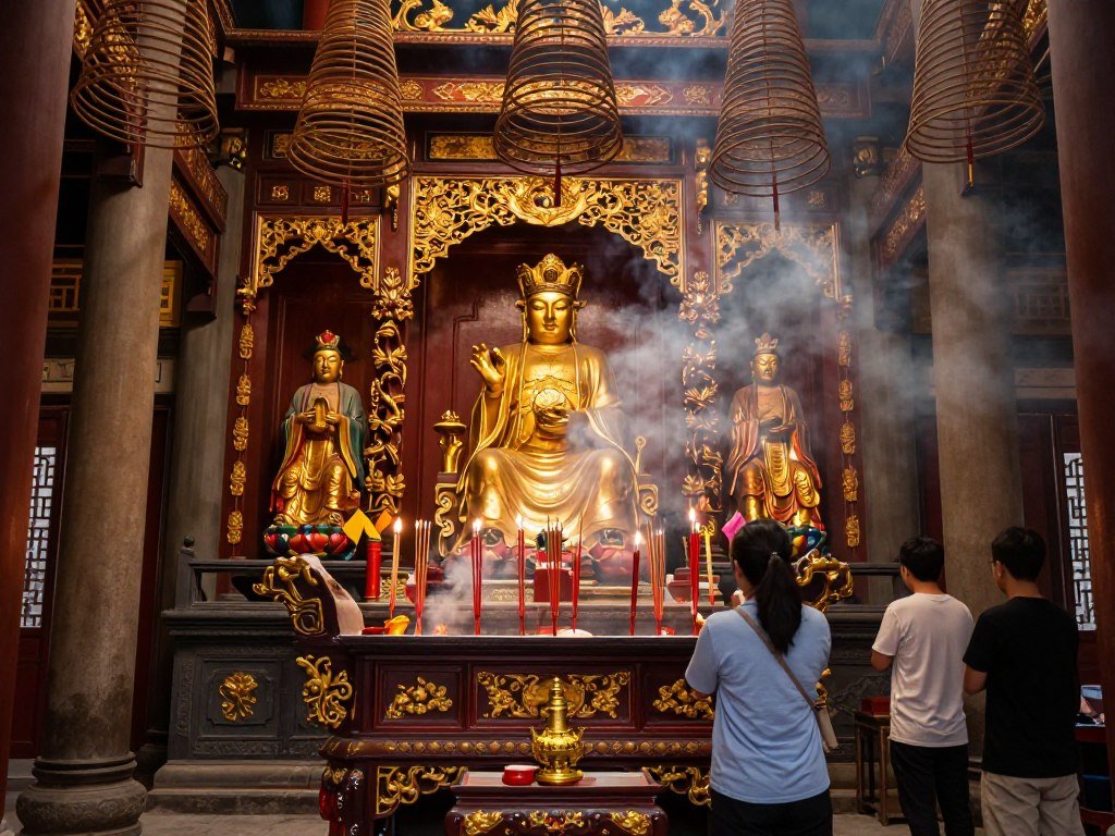 Interior of Jade Emperor Pagoda with incense and decorations Interior of Jade Emperor Pagoda with incense and decorations