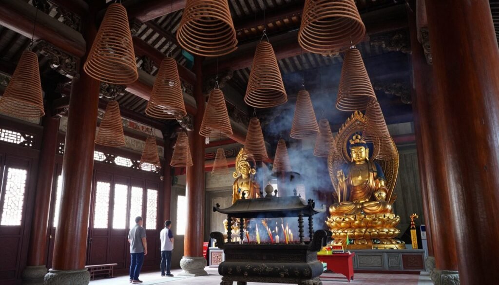 Interior of Longshan Temple with ornate decorations and incense smoke