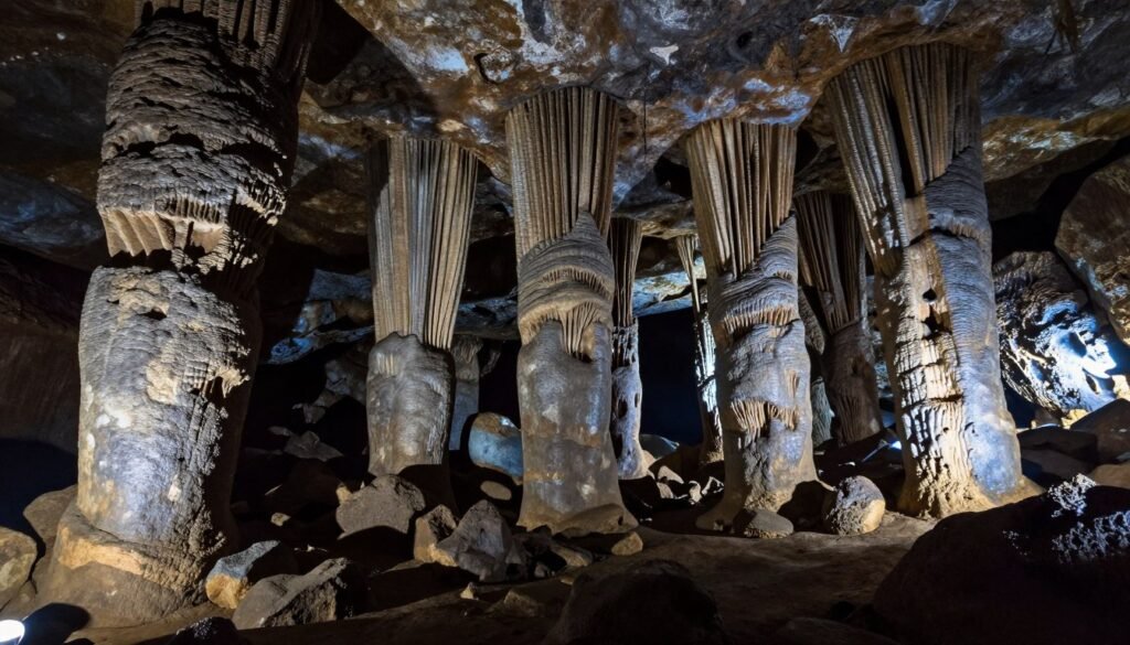 Interior of Manjanggul lava tube showing massive stone pillars and cave formations