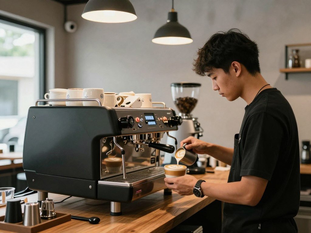 Interior of Ristr8to Lab coffee shop in Chiang Mai with barista preparing latte art Interior of Ristr8to Lab coffee shop in Chiang Mai with barista preparing latte art