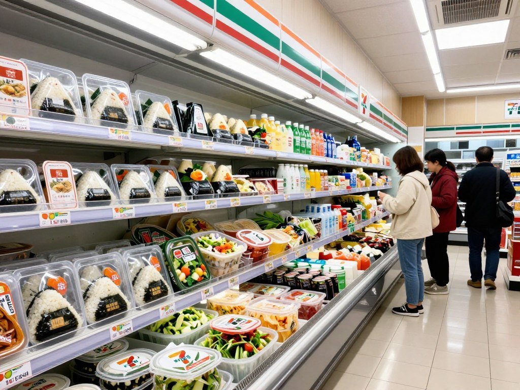 Interior of Taiwan 7-Eleven convenience store showing vegetarian food options and clearly labeled products