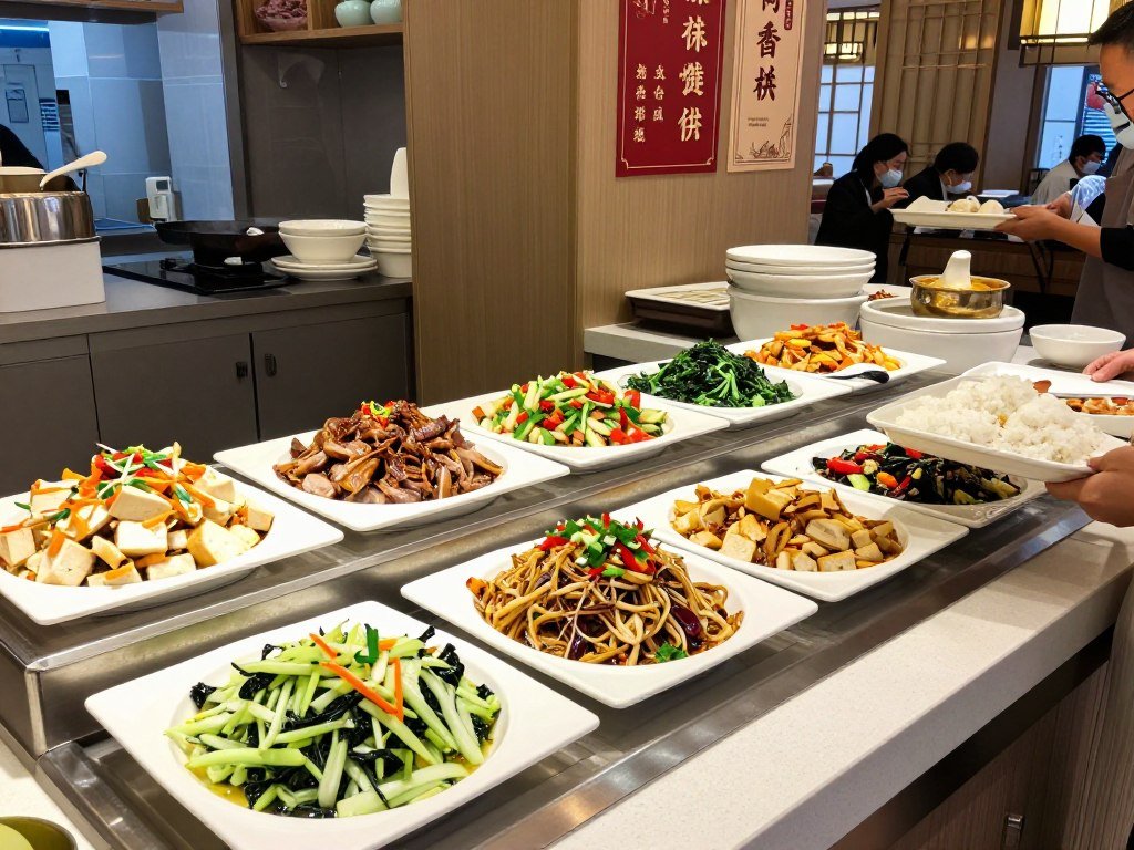 Interior of Taiwan Buddhist vegetarian restaurant buffet showing variety of plant-based dishes