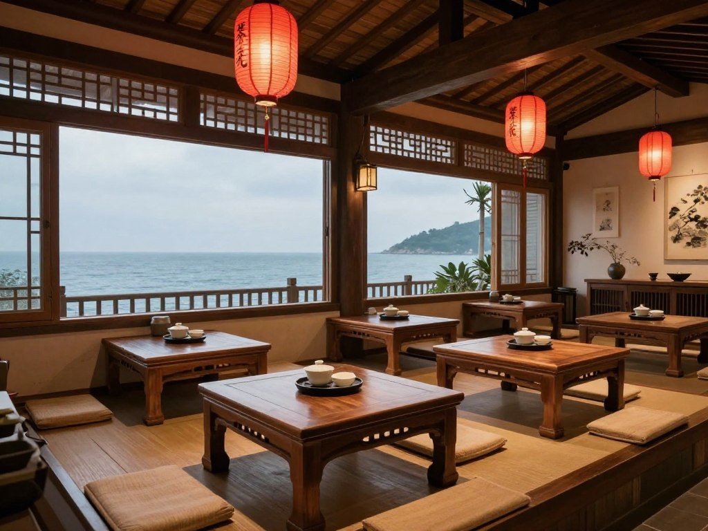 Interior of traditional Jiufen tea house with ocean view windows and tea service setup