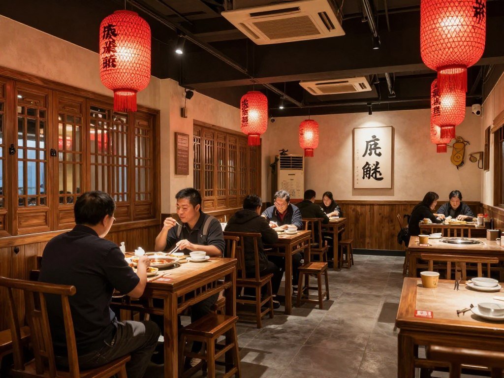 Interior of traditional Taiwanese restaurant with diners enjoying meals Interior of traditional Taiwanese restaurant with diners enjoying meals