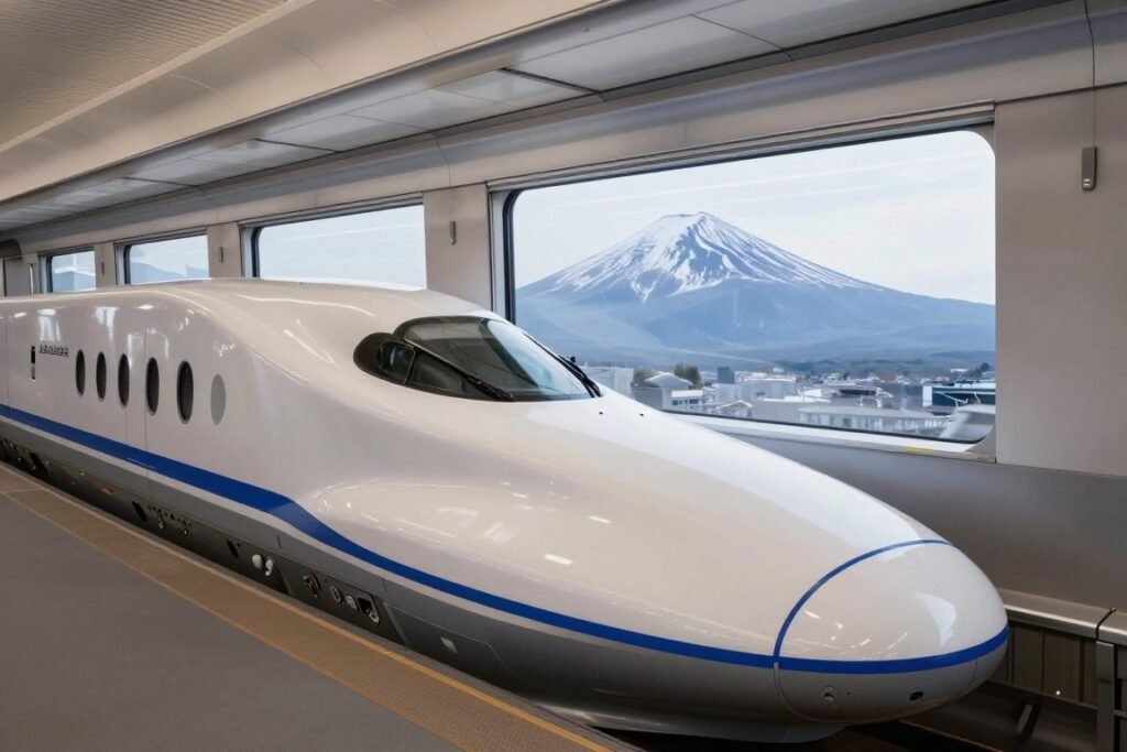 Interior view of comfortable shinkansen bullet train seats with Mount Fuji visible through window Interior view of comfortable shinkansen bullet train seats with Mount Fuji visible through window