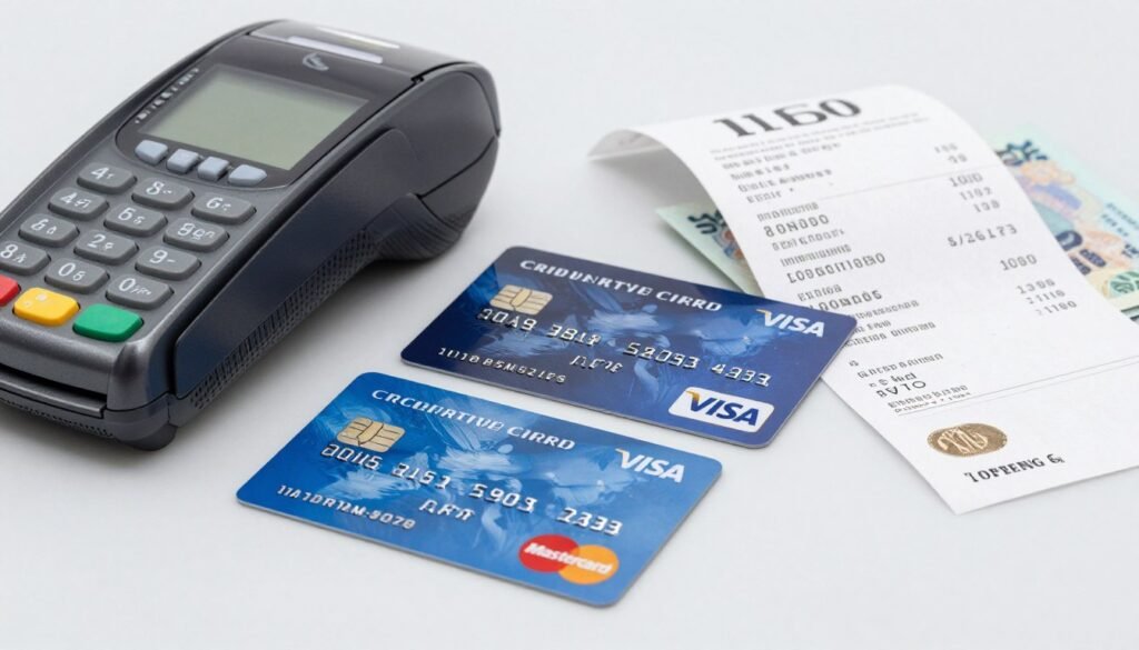 International credit cards Visa Mastercard displayed with Taiwan payment terminal International credit cards Visa Mastercard displayed with Taiwan payment terminal