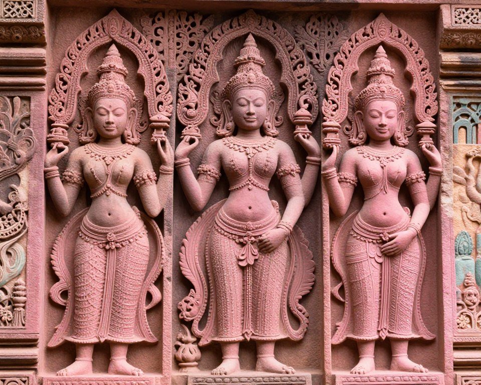 Intricate pink sandstone carvings at Banteay Srei temple