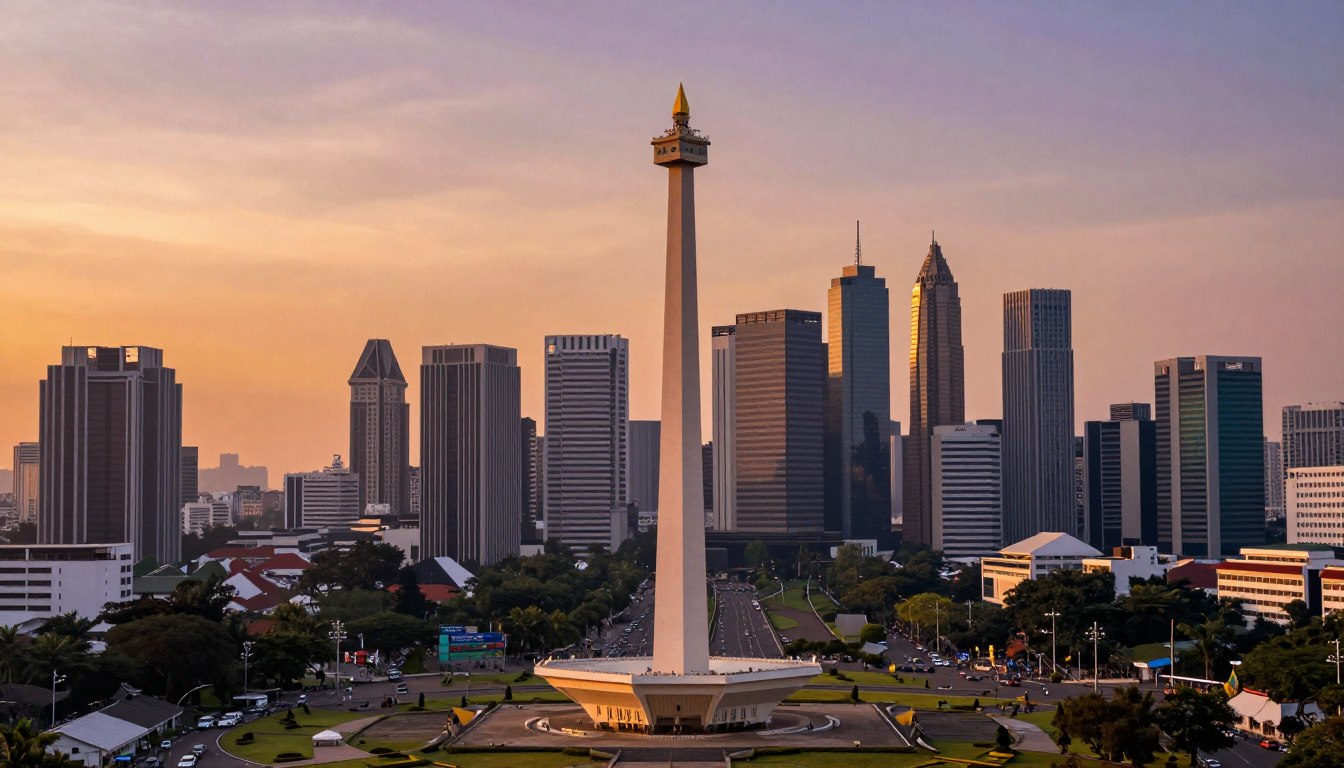 Jakarta skyline at sunset with National Monument and modern skyscrapers