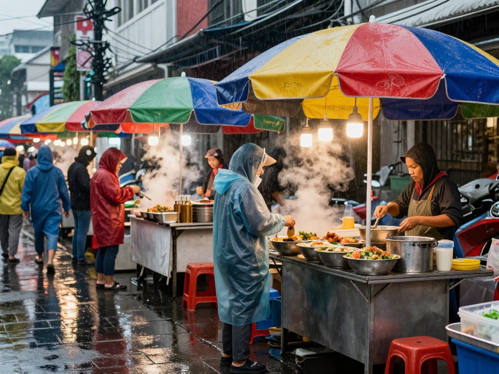 Jakarta street scene during rainy season with traditional umbrellas and food vendors