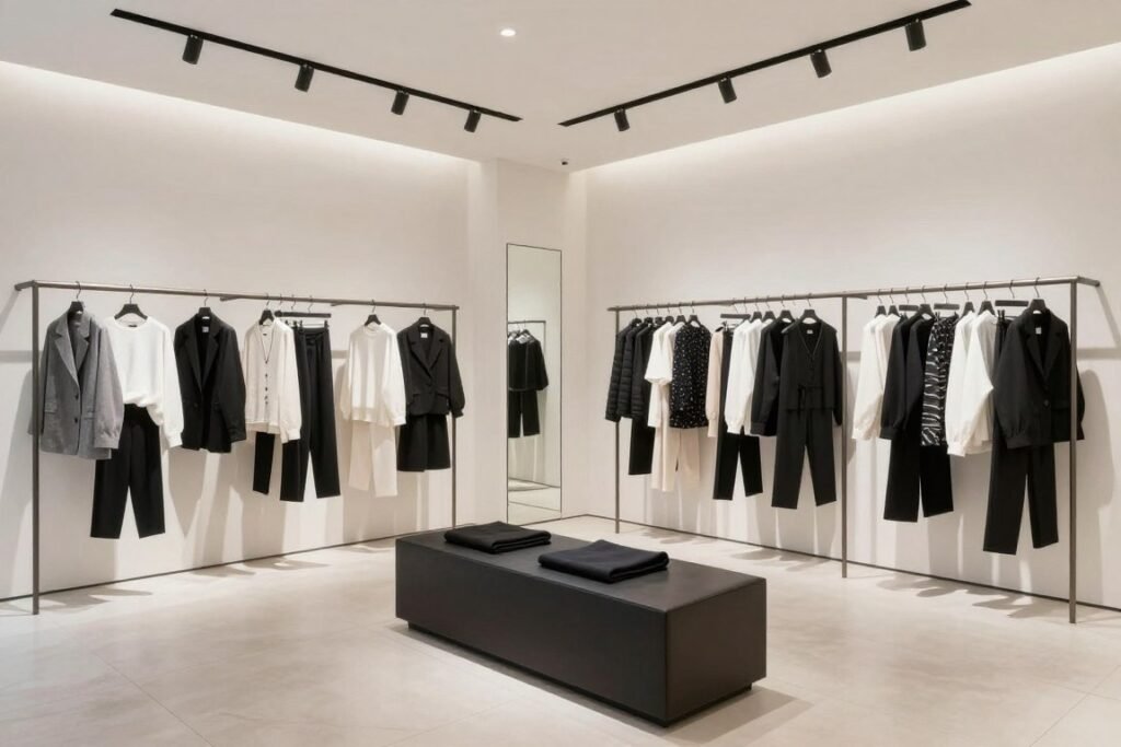 Japanese fashion boutique interior with clothing displays