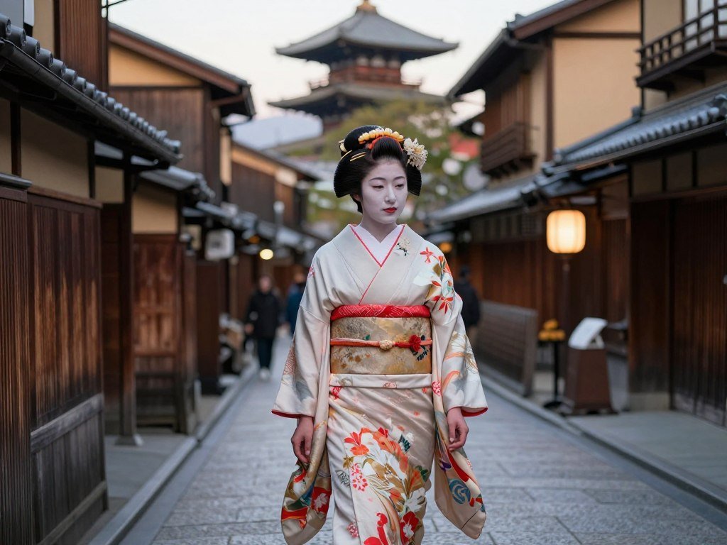 Japanese geisha in traditional kimono walking along traditional Kyoto street at dusk Japanese geisha in traditional kimono walking along traditional Kyoto street at dusk