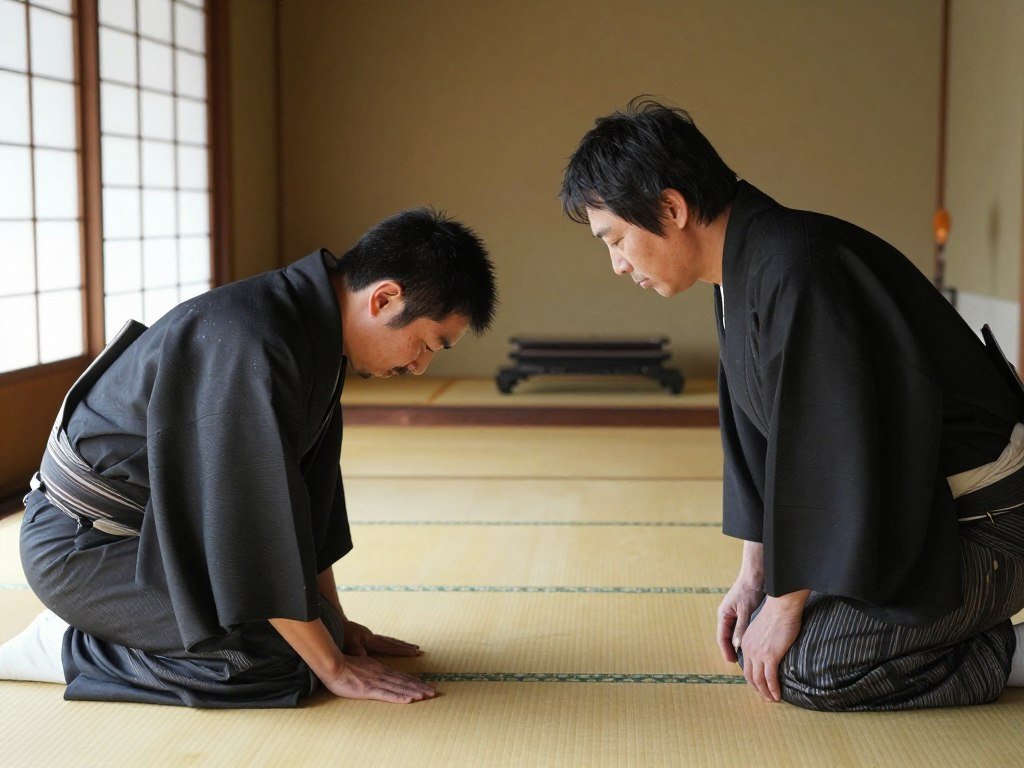 Japanese people bowing in greeting in traditional setting Japanese people bowing in greeting in traditional setting