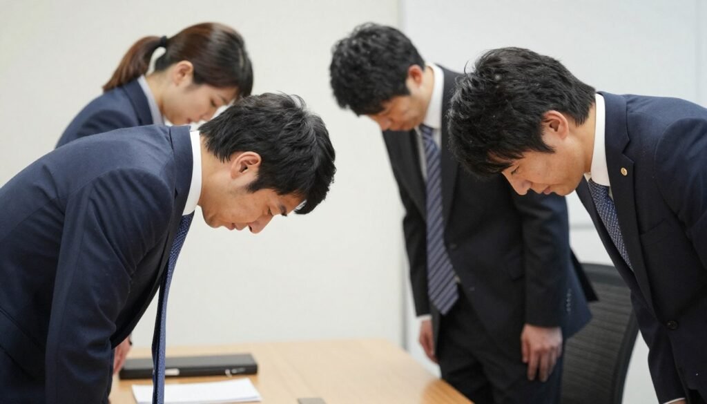 Japanese people bowing in traditional greeting