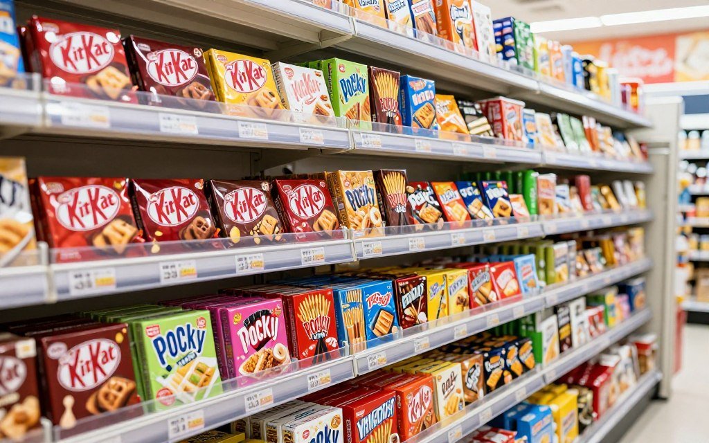 Japanese snack section with various Kit Kat flavors