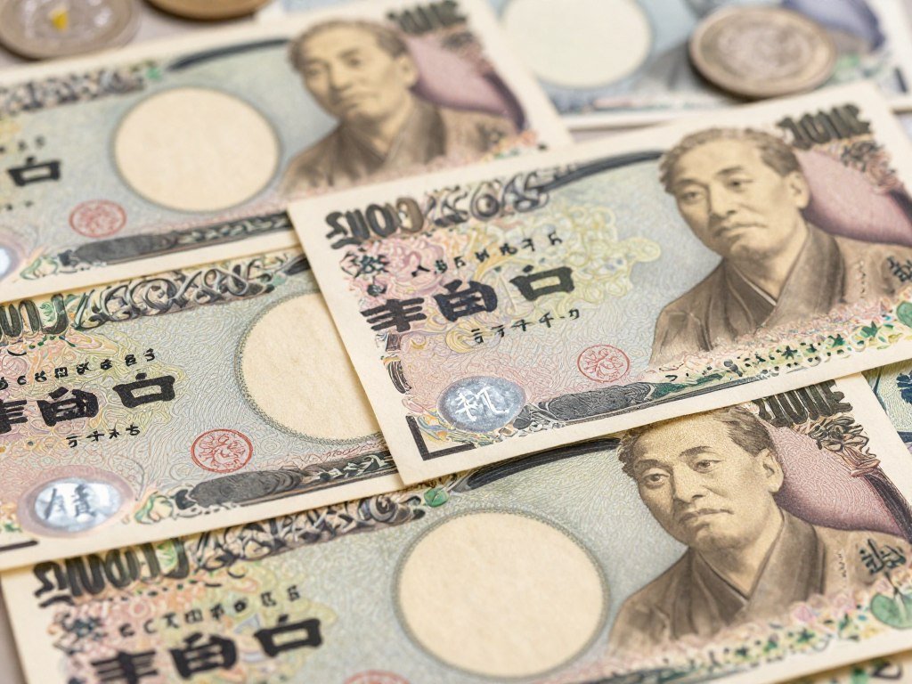 Japanese yen currency bills and coins arranged on table Japanese yen currency bills and coins arranged on table