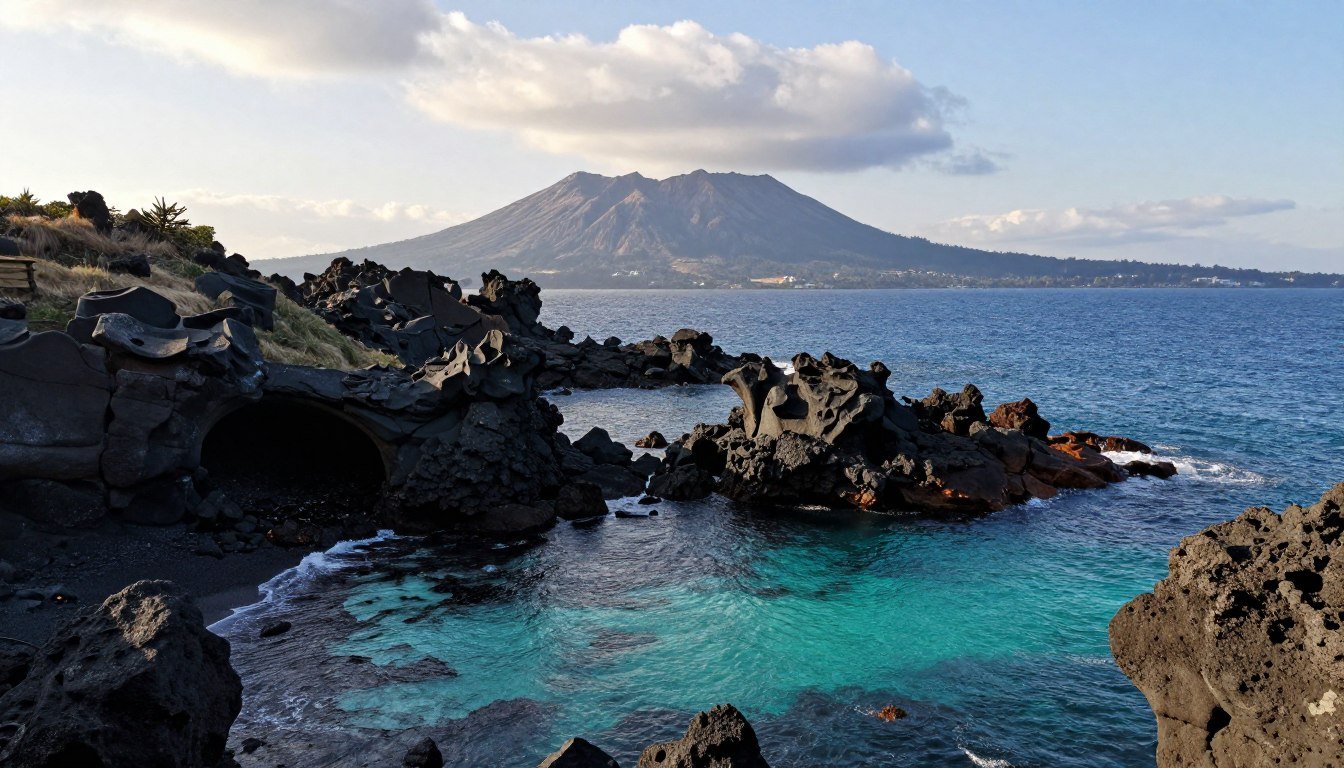 Jeju Island coastal landscape with dramatic volcanic cliffs and turquoise ocean waters