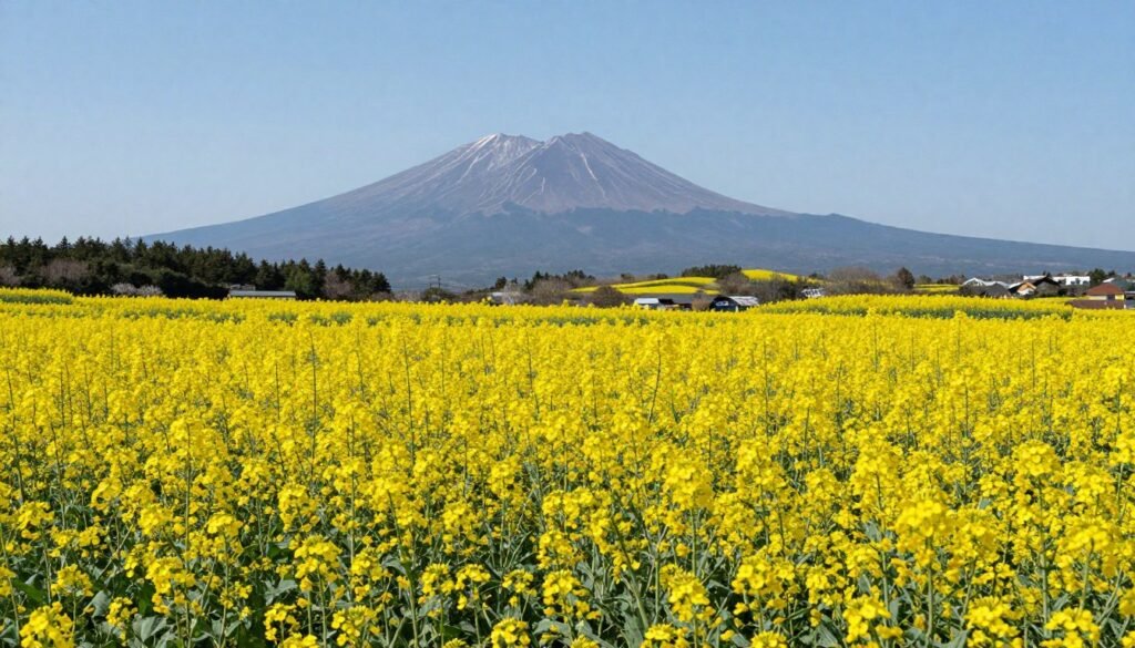 Jeju canola flower fields in full yellow bloom during spring with blue sky