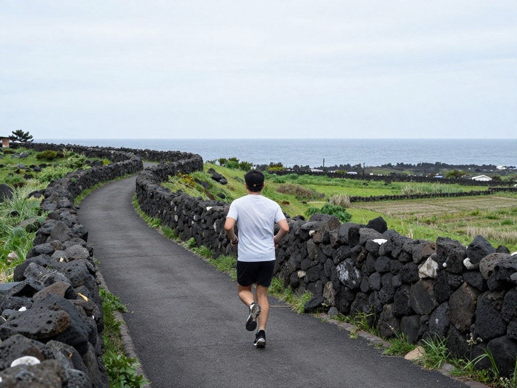 Jeju traditional stone wall along Olle trail with countryside views
