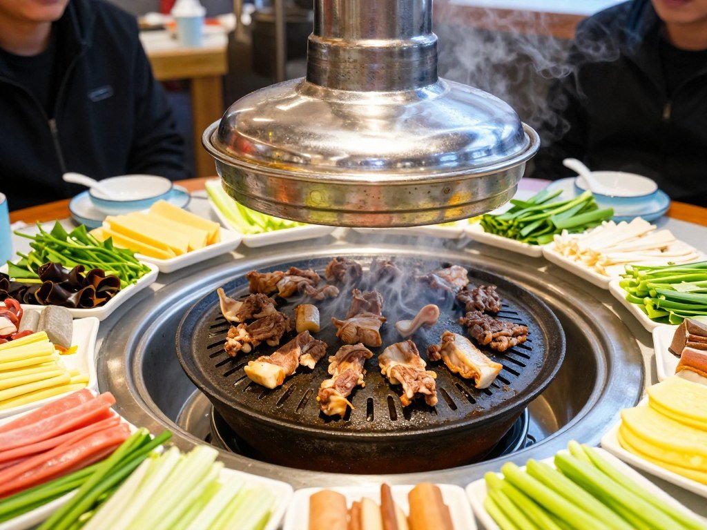 Jingisukan lamb barbecue with vegetables on special grill