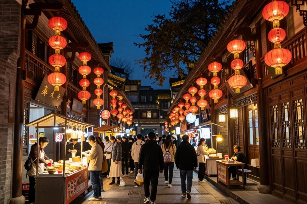 Jinli Ancient Street at night with traditional red lanterns and crowds