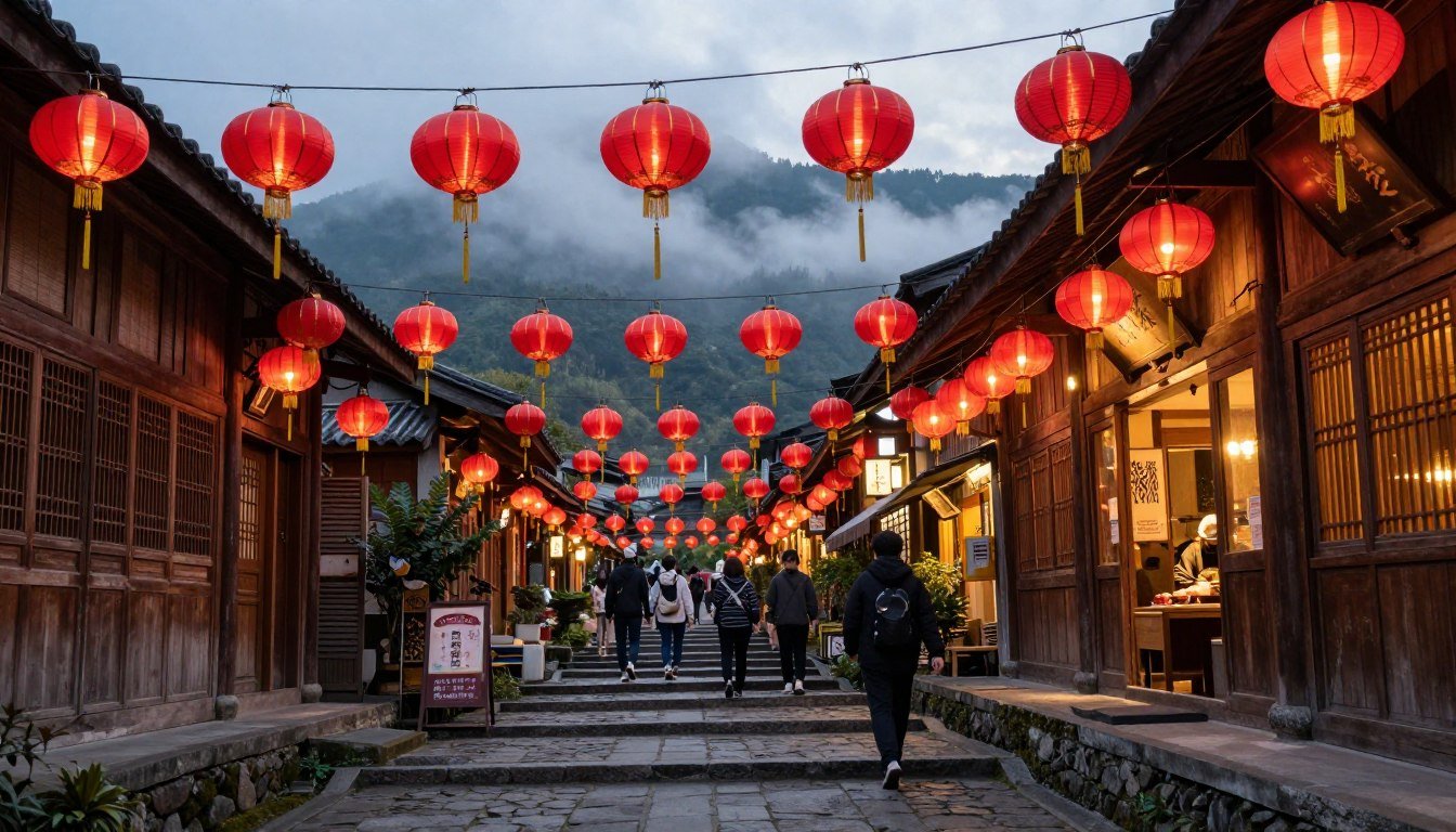 Jiufen Old Street with red lanterns illuminating narrow alleyways at dusk, traditional teahouses visible in background