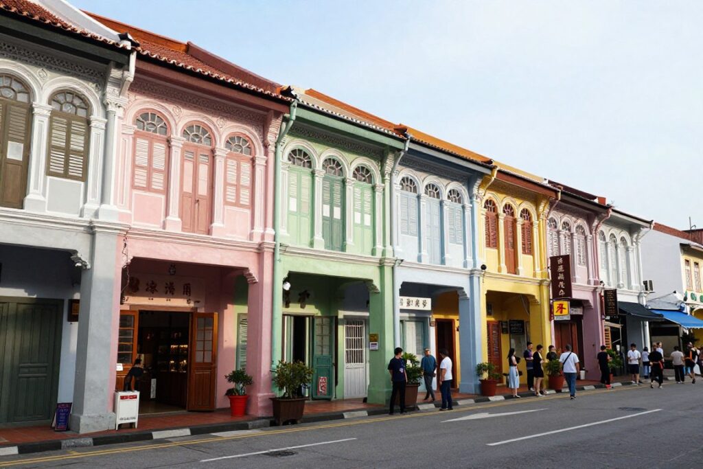 Jonker Street Malacca with heritage shophouses and tourists during daytime