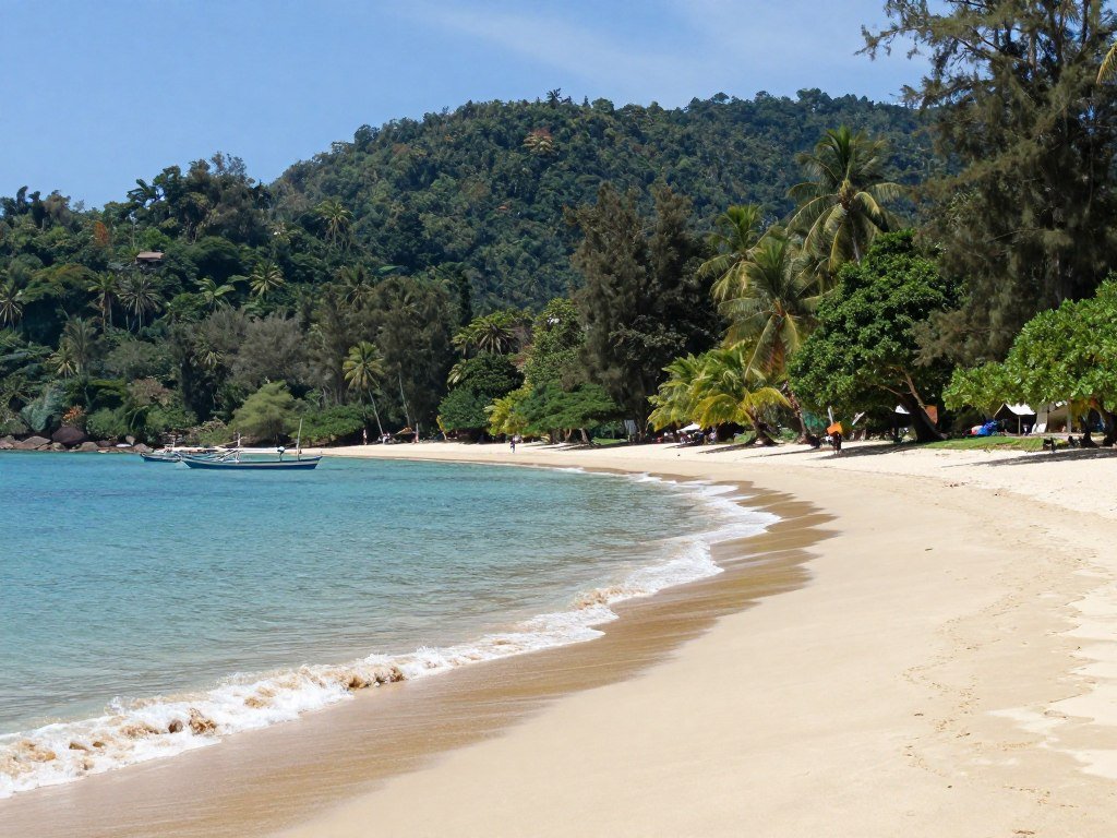 Juara Beach Tioman Island with jungle backdrop and golden sand Juara Beach Tioman Island with jungle backdrop and golden sand