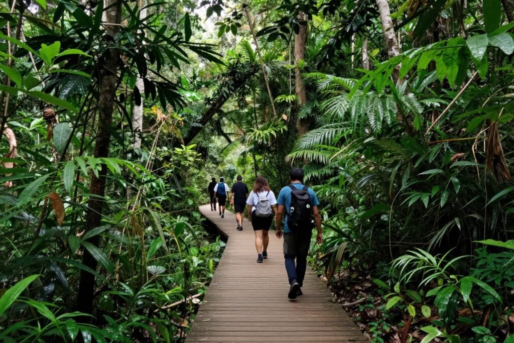 Jungle hiking trail in Penang National Park with tropical vegetation