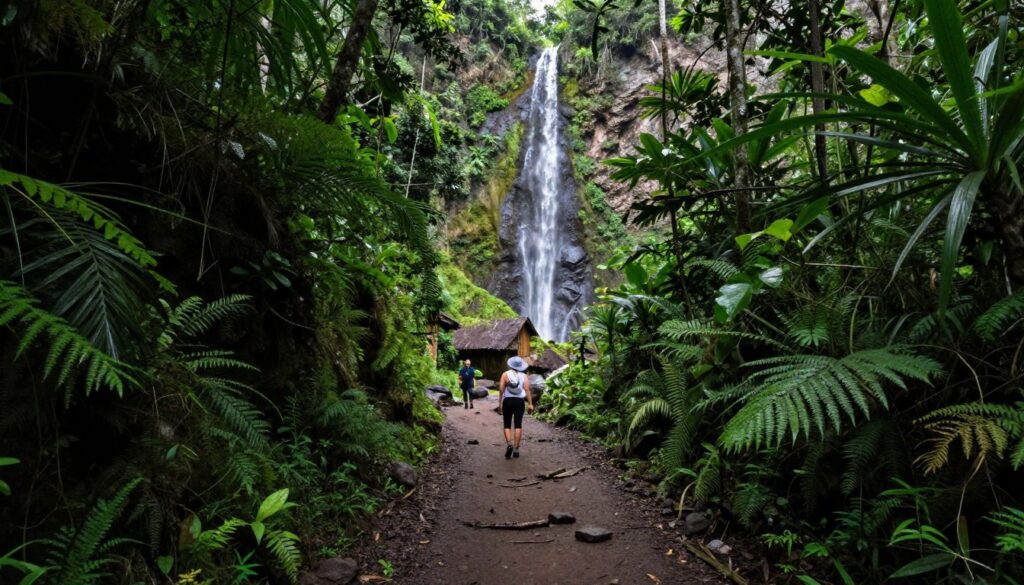 Jungle trail to Seganing waterfall through vegetation