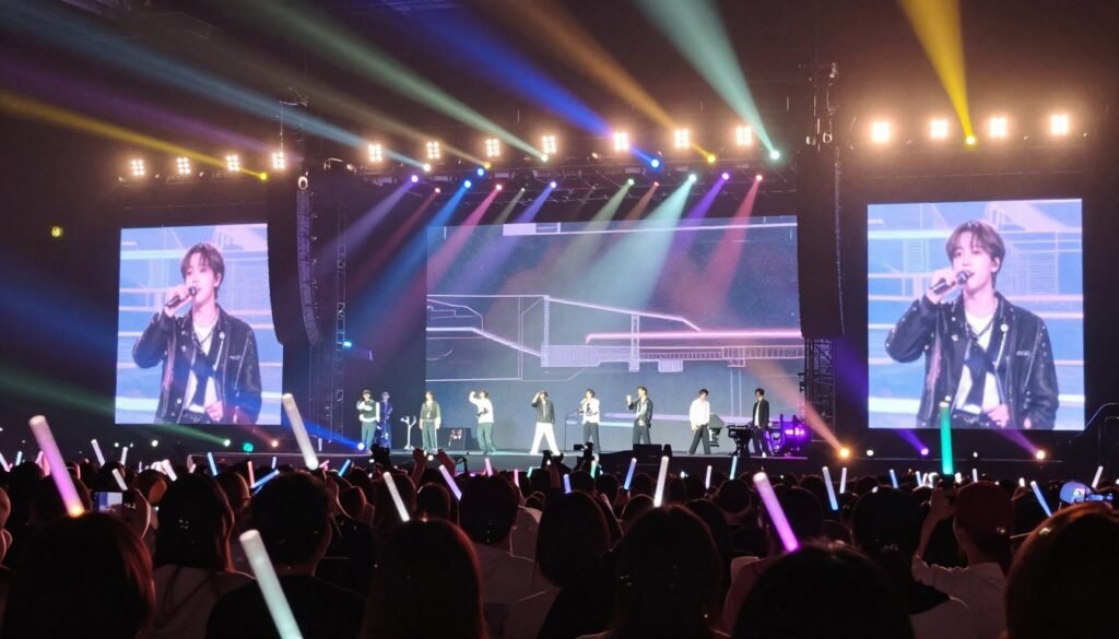K-pop concert venue with stage lights and fans