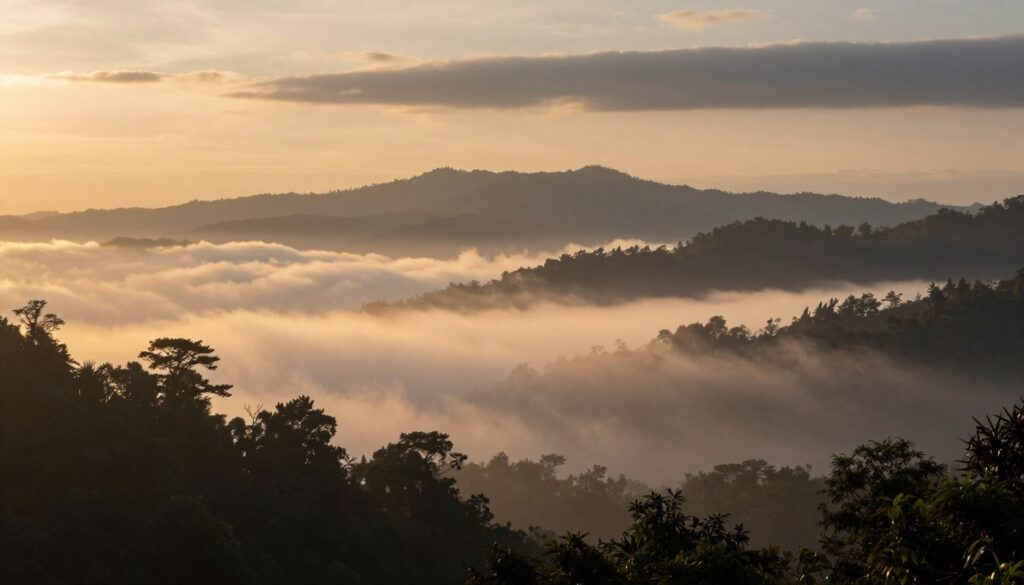Kaeng Krachan National Park misty mountains at sunrise