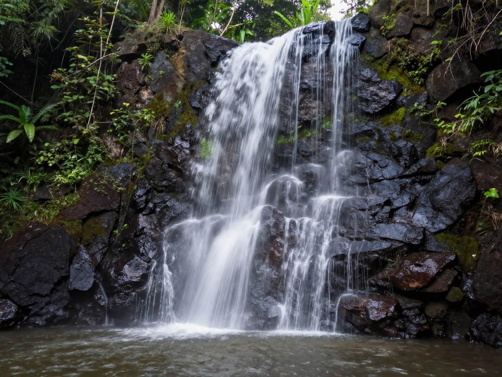 Kanto Lampo waterfall flowing over tiered volcanic rocks