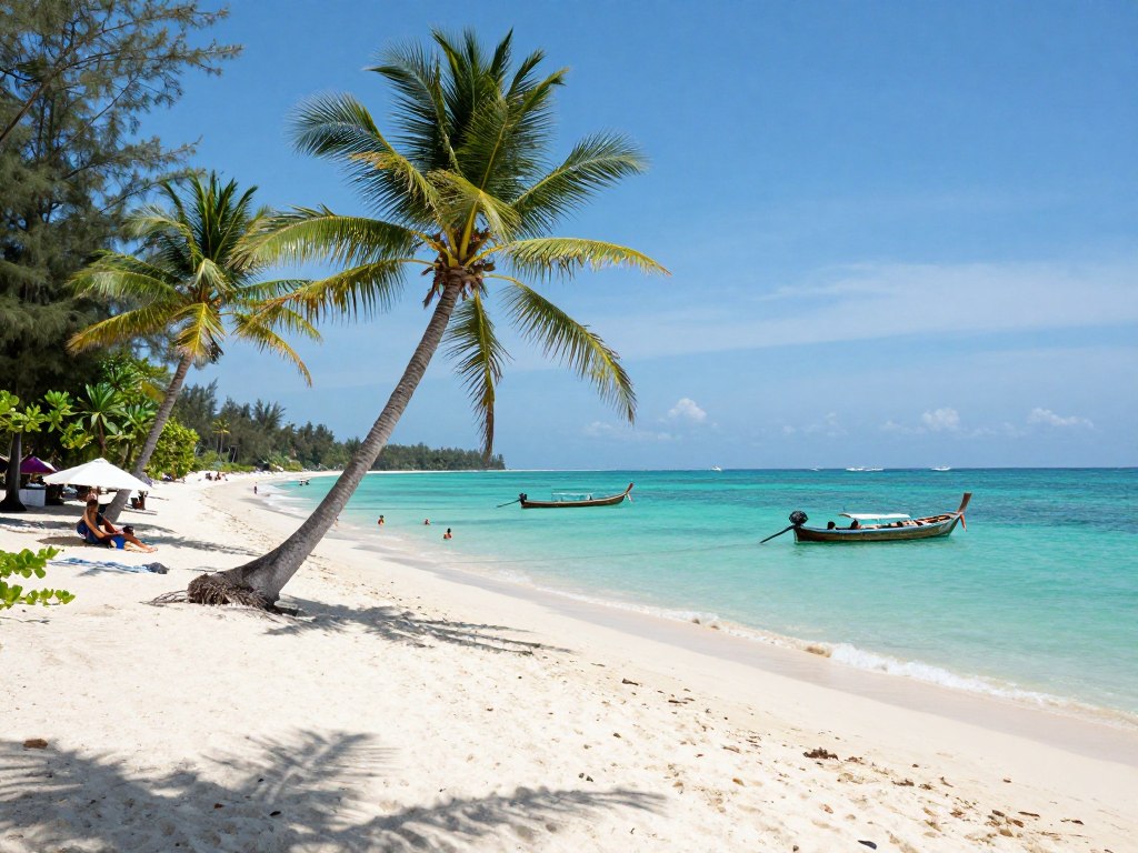 Kata Beach showing clear water and palm-fringed shoreline