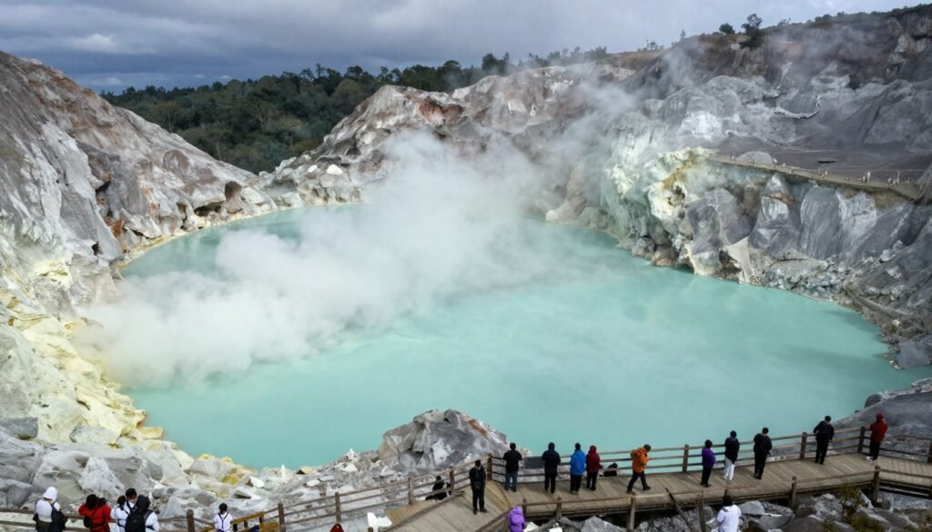 Kawah Putih crater lake with milky turquoise water and white shores