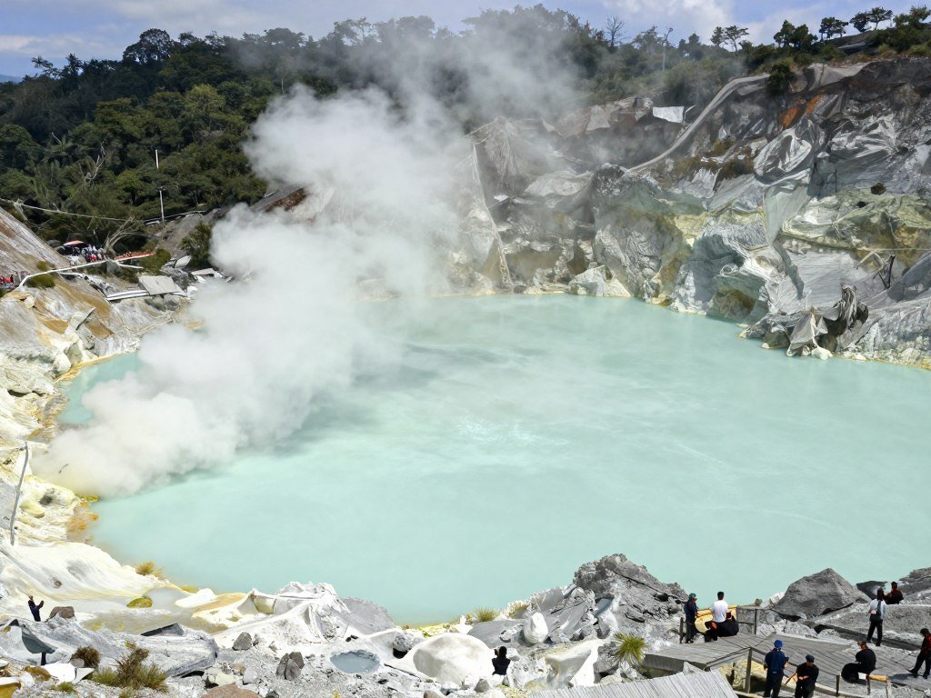 Kawah Putih white volcanic crater lake with turquoise water