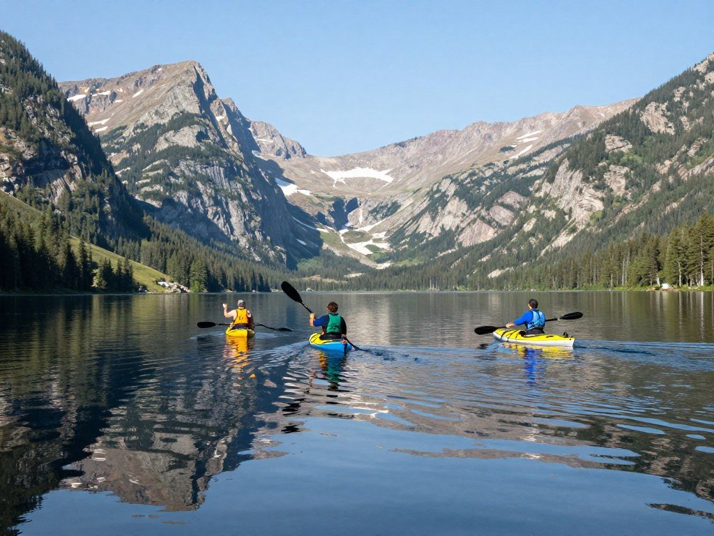 Kayakers on calm lake with mountain reflections