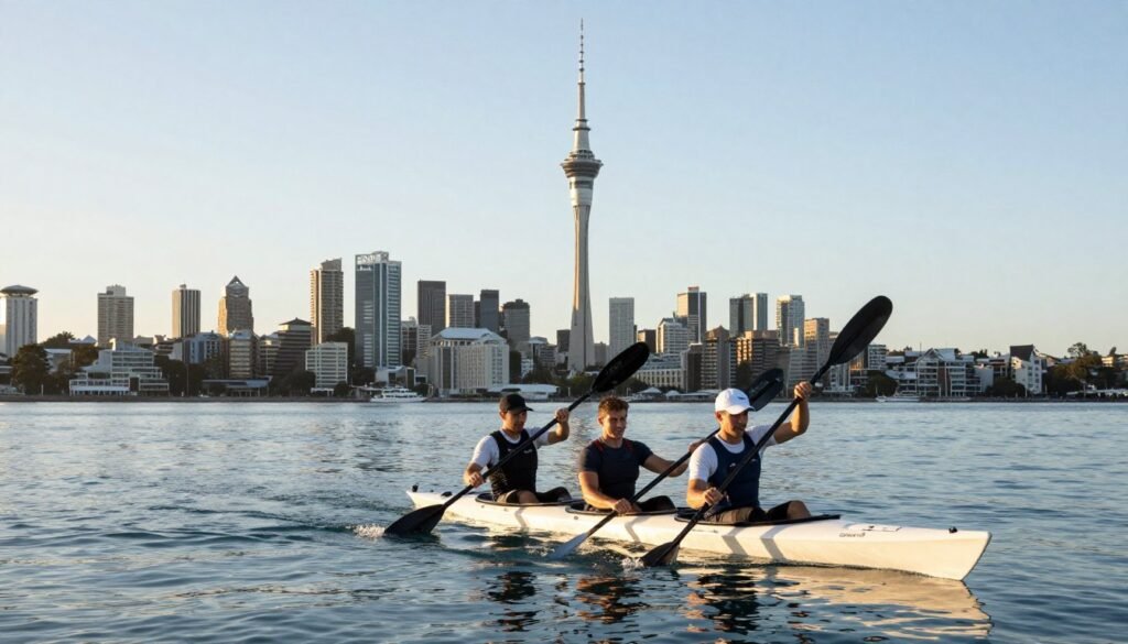Kayakers paddling in Auckland harbor with city skyline