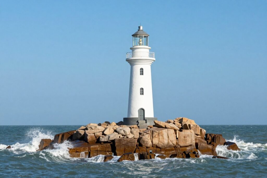 Ke Ga lighthouse on rocky island off Vietnamese coast