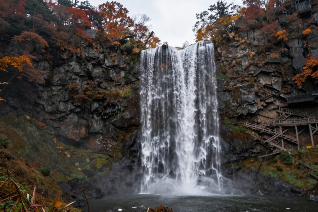 Kegon Falls waterfall in Nikko with autumn colors