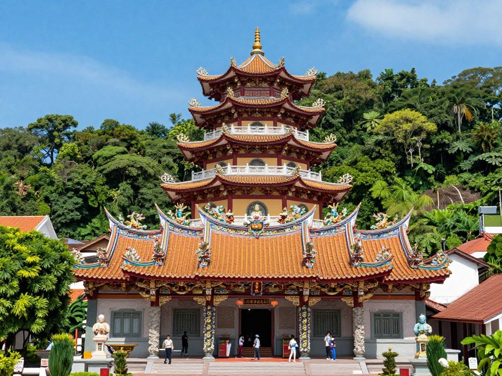 Kek Lok Si Temple pagoda with colorful tiers and mountain backdrop
