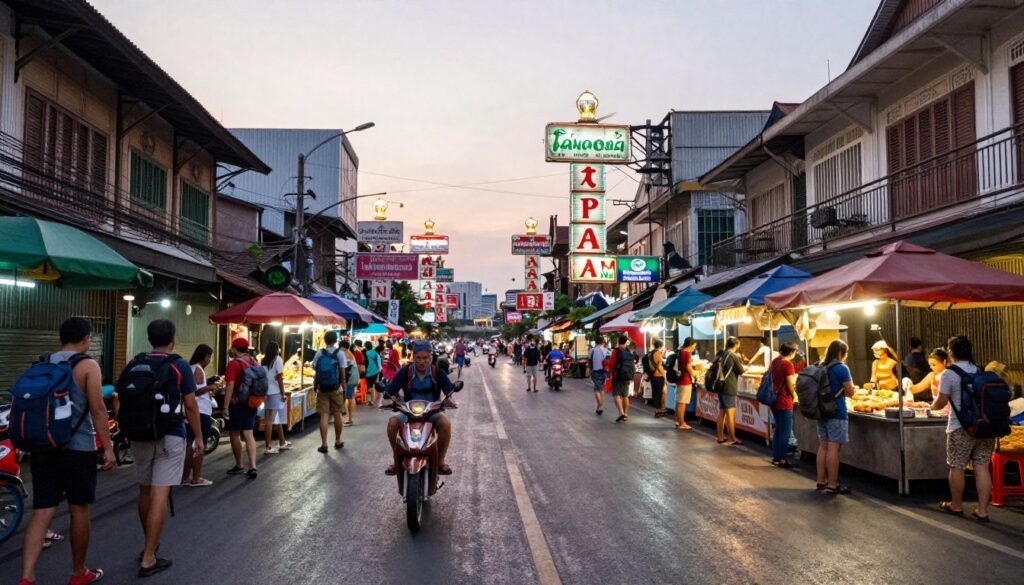 Khao San Road backpacker area with budget hostels and street vendors