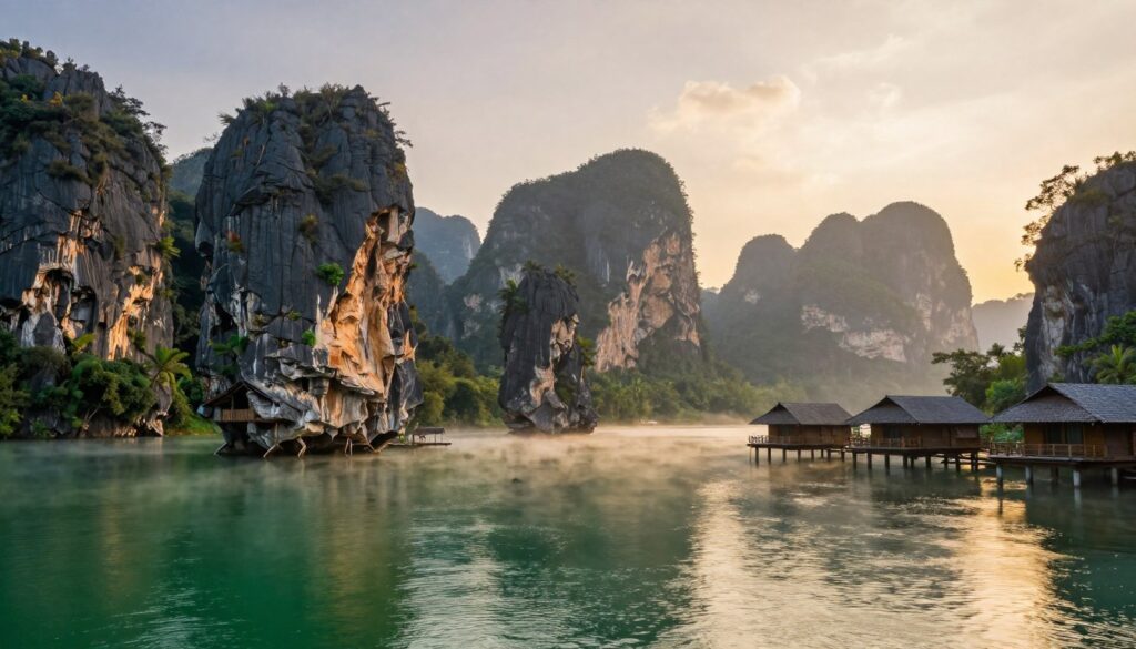 Khao Sok National Park featuring Cheow Lan Lake with limestone karsts
