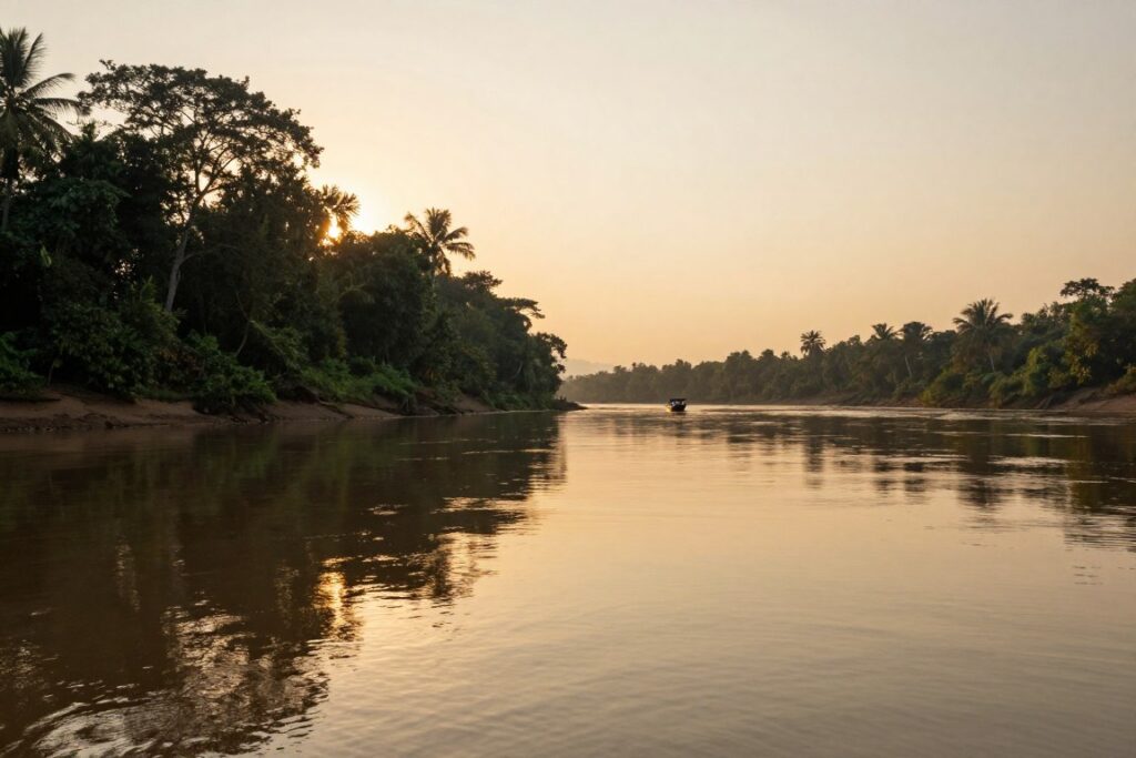 Kinabatangan River during golden hour with reflection of trees in calm water