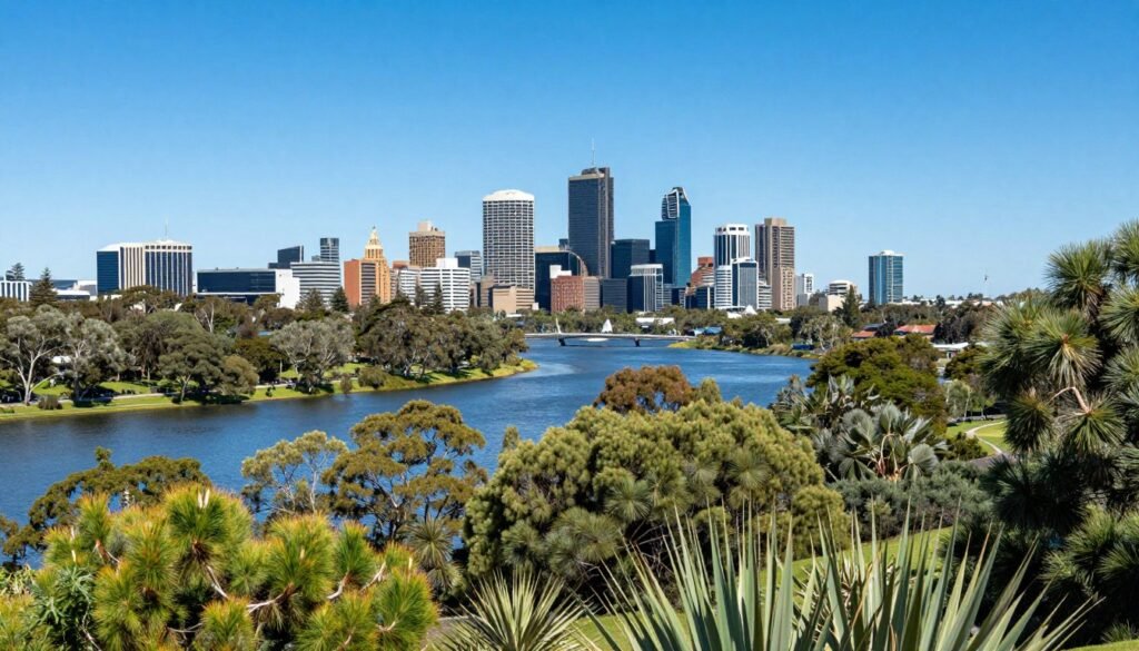 Kings Park elevated view overlooking Perth city skyline and Swan River